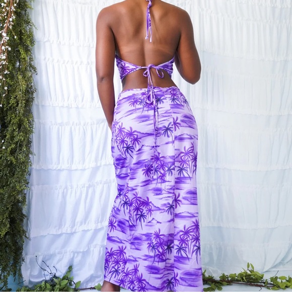 Vintage 90’s Palm Hawaiian Print Tie Halter Crop Top MIDI Wrap Skirt Set - Picture 2 of 16